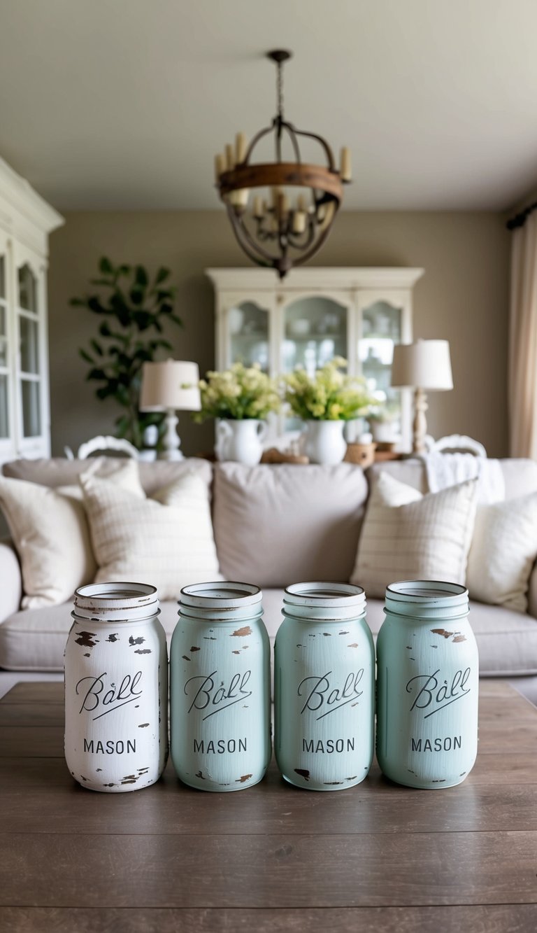 A cozy living room with distressed white mason jars as decor, surrounded by French country-inspired furniture and accents, all on a budget