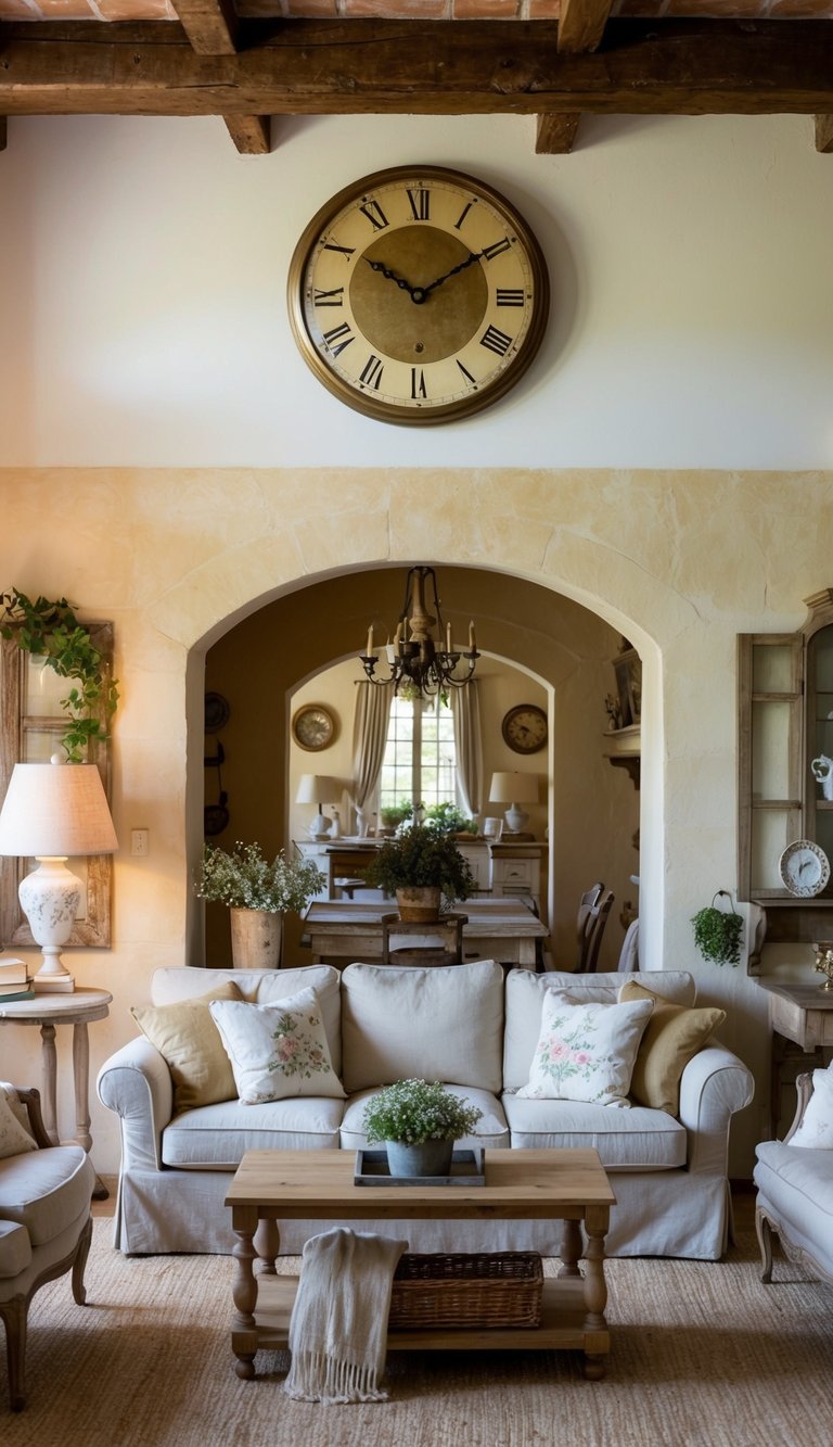 An antique-style wall clock hangs above a cozy French country living room, surrounded by rustic decor and comfortable furniture