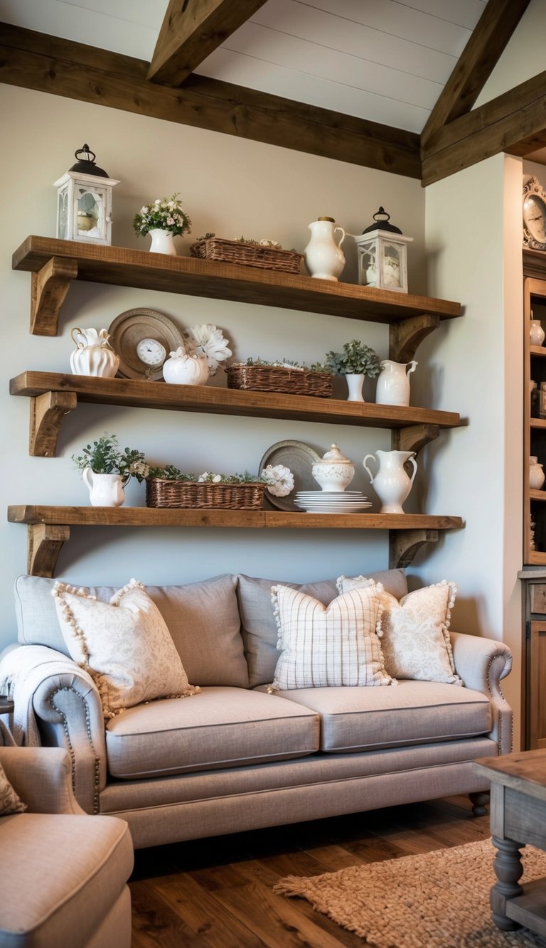 Rustic barn wood shelves adorned with French country decor in a cozy living room