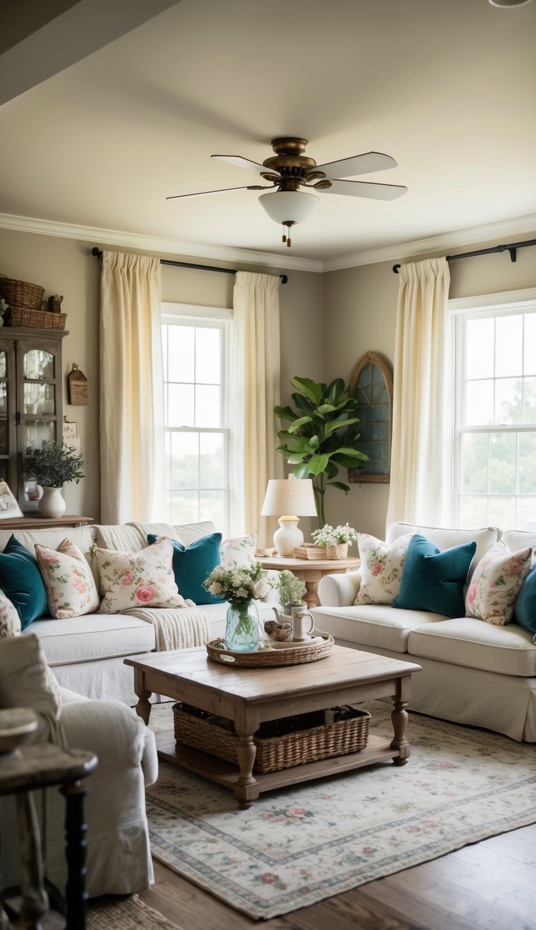 A cozy living room with vintage floral throw pillows, rustic furniture, and soft lighting. French country decor accents add charm to the budget-friendly space