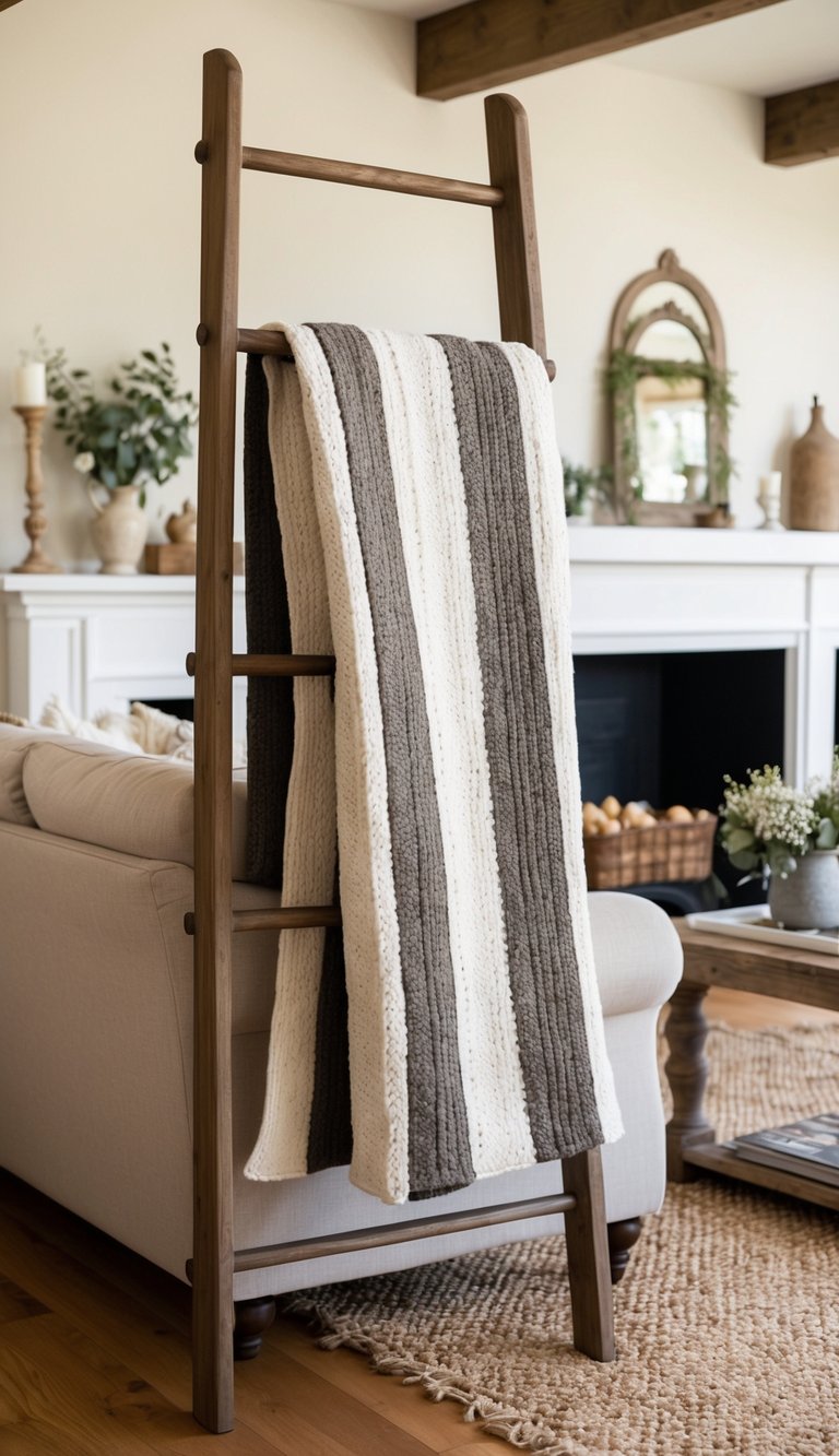 A rustic ladder blanket rack stands in a cozy living room, adorned with French country decor