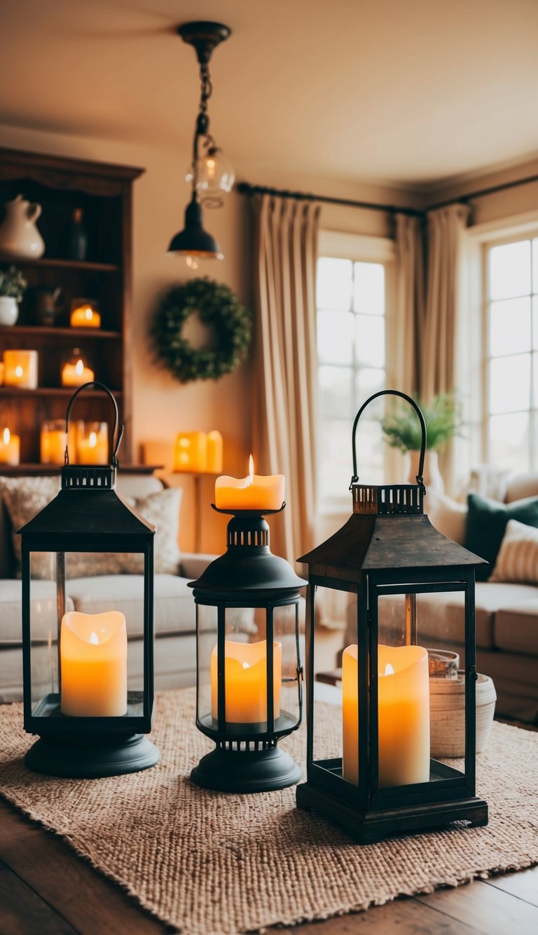 A cozy living room with vintage-inspired candle lanterns, rustic French country decor, and warm lighting on a budget