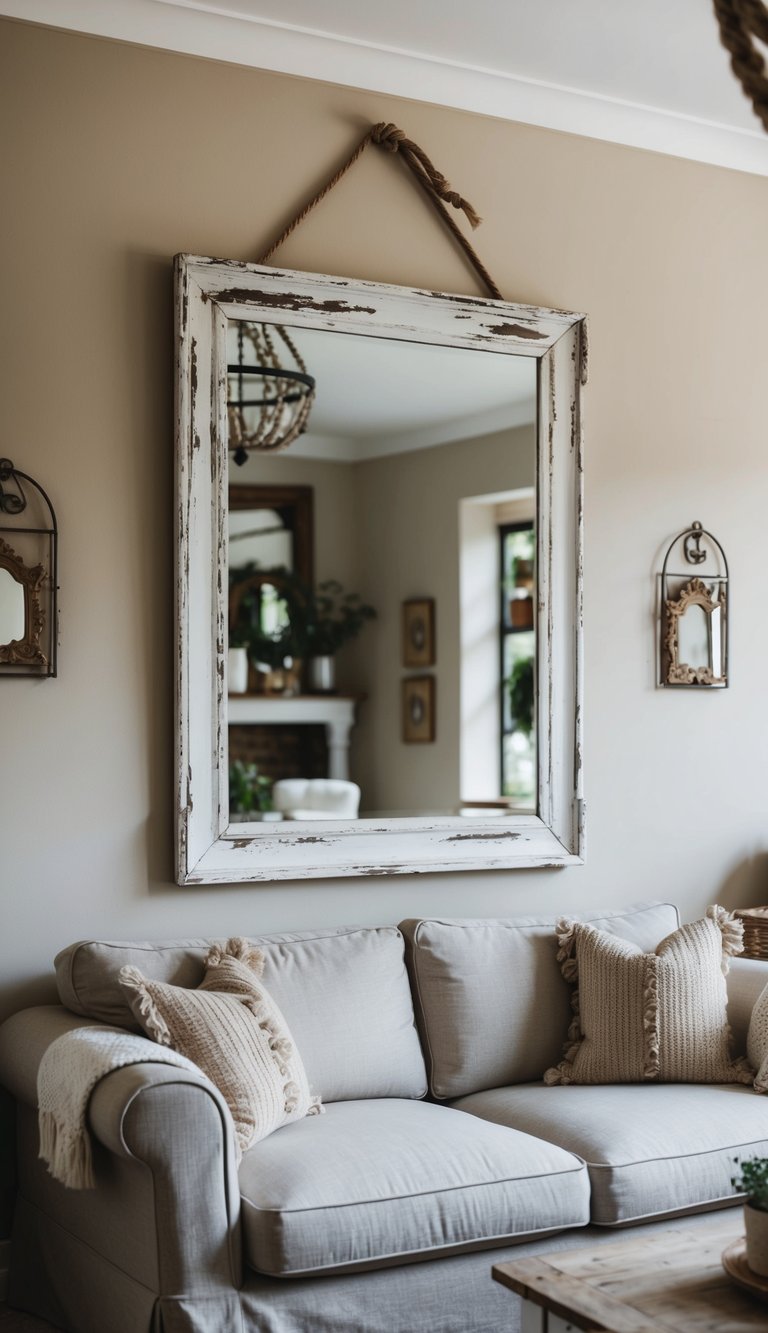 A distressed French-style mirror hangs above a cozy living room with rustic, country-inspired decor on a budget