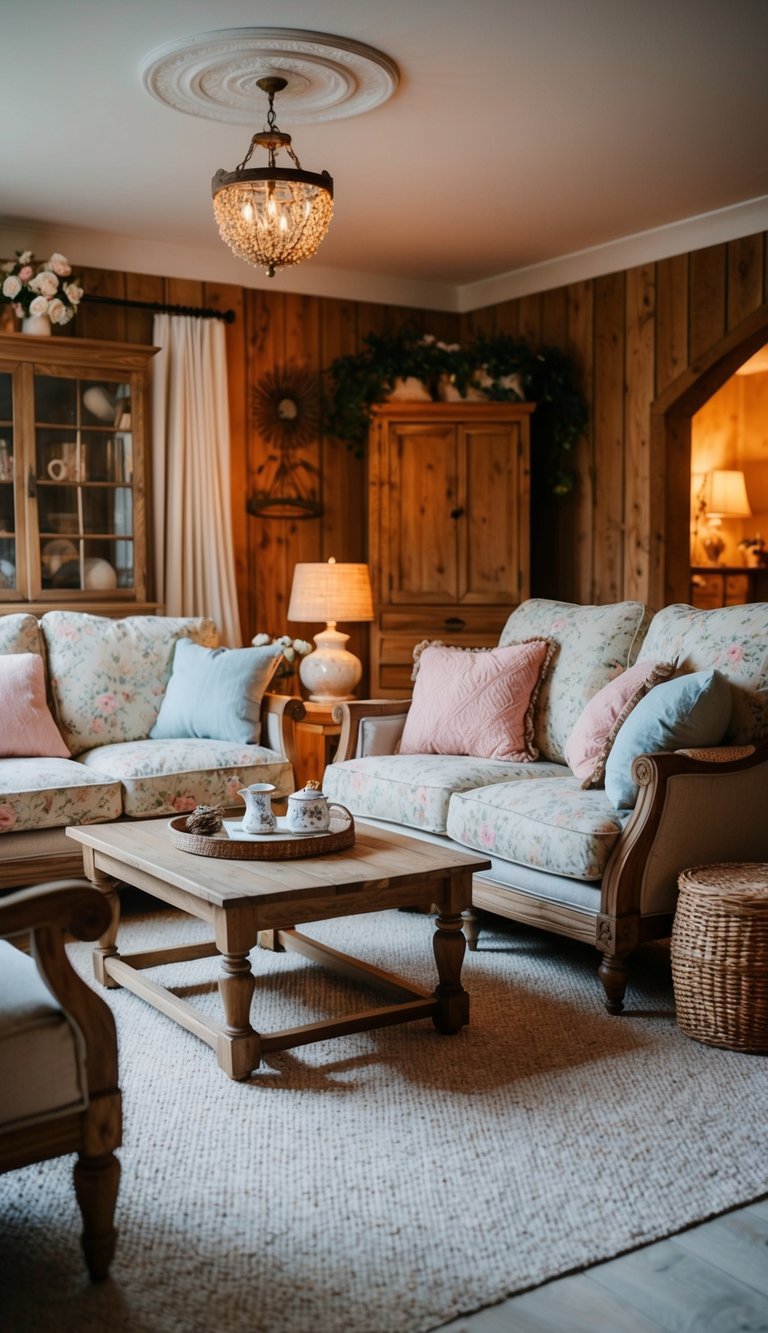 A cozy living room with rustic wooden furniture, soft floral upholstery, warm lighting, and vintage accents