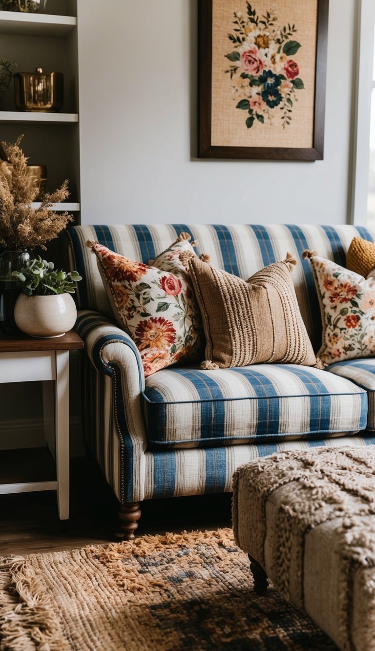 A cozy living room with a mix of floral, striped, and plaid patterns on upholstered furniture, complemented by textured throw pillows and a rustic area rug