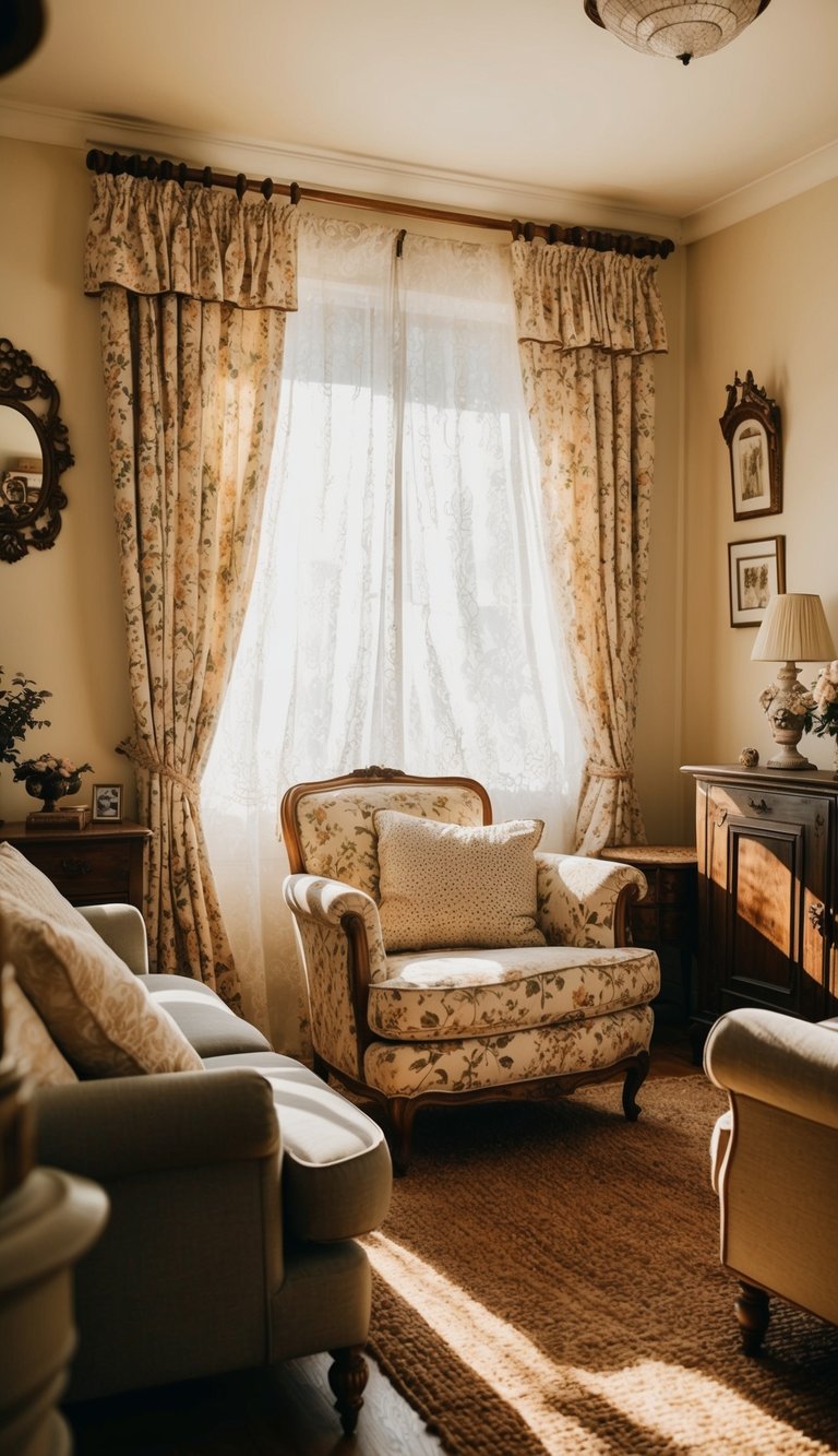 A cozy living room with a mix of vintage accents, including rustic wooden furniture, floral patterned curtains, and antique wall decor. Sunlight streams through lace curtains, creating a warm and inviting atmosphere