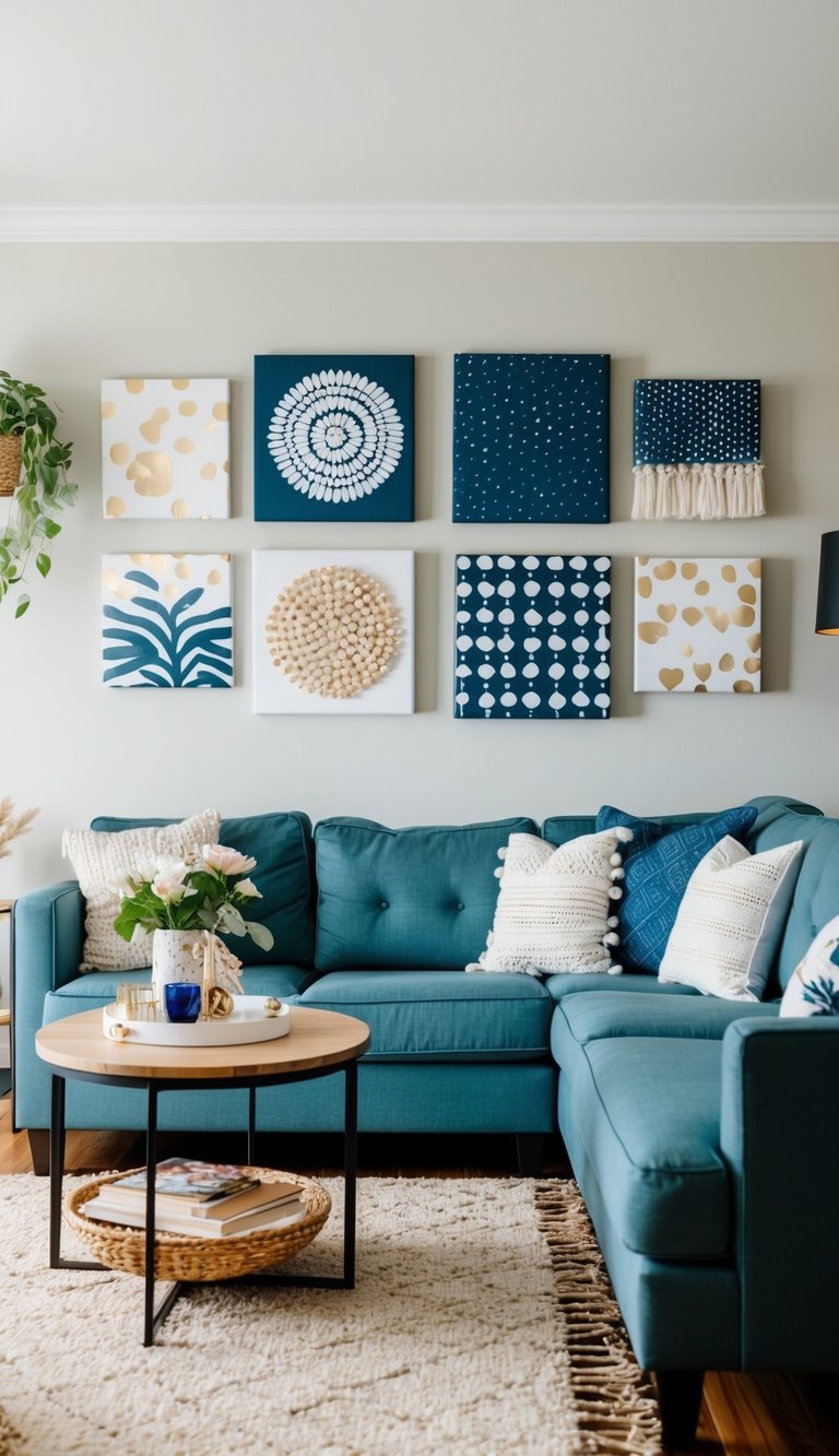 A cozy living room with DIY wall art canvases, showcasing various budget-friendly decor ideas