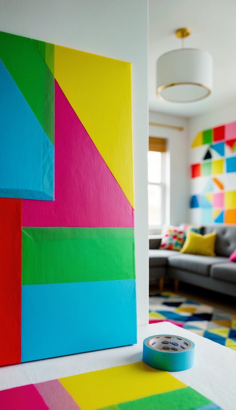 Colorful masking tape creates geometric shapes on canvas. Bright living room with DIY decor ideas