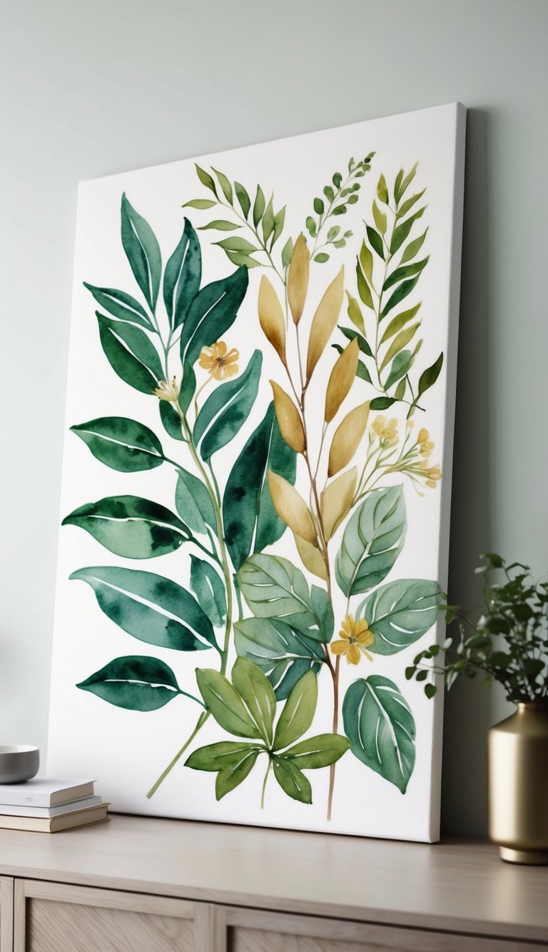 A lush botanical design of leaves and flowers in watercolor, displayed on a canvas as budget-friendly living room wall art