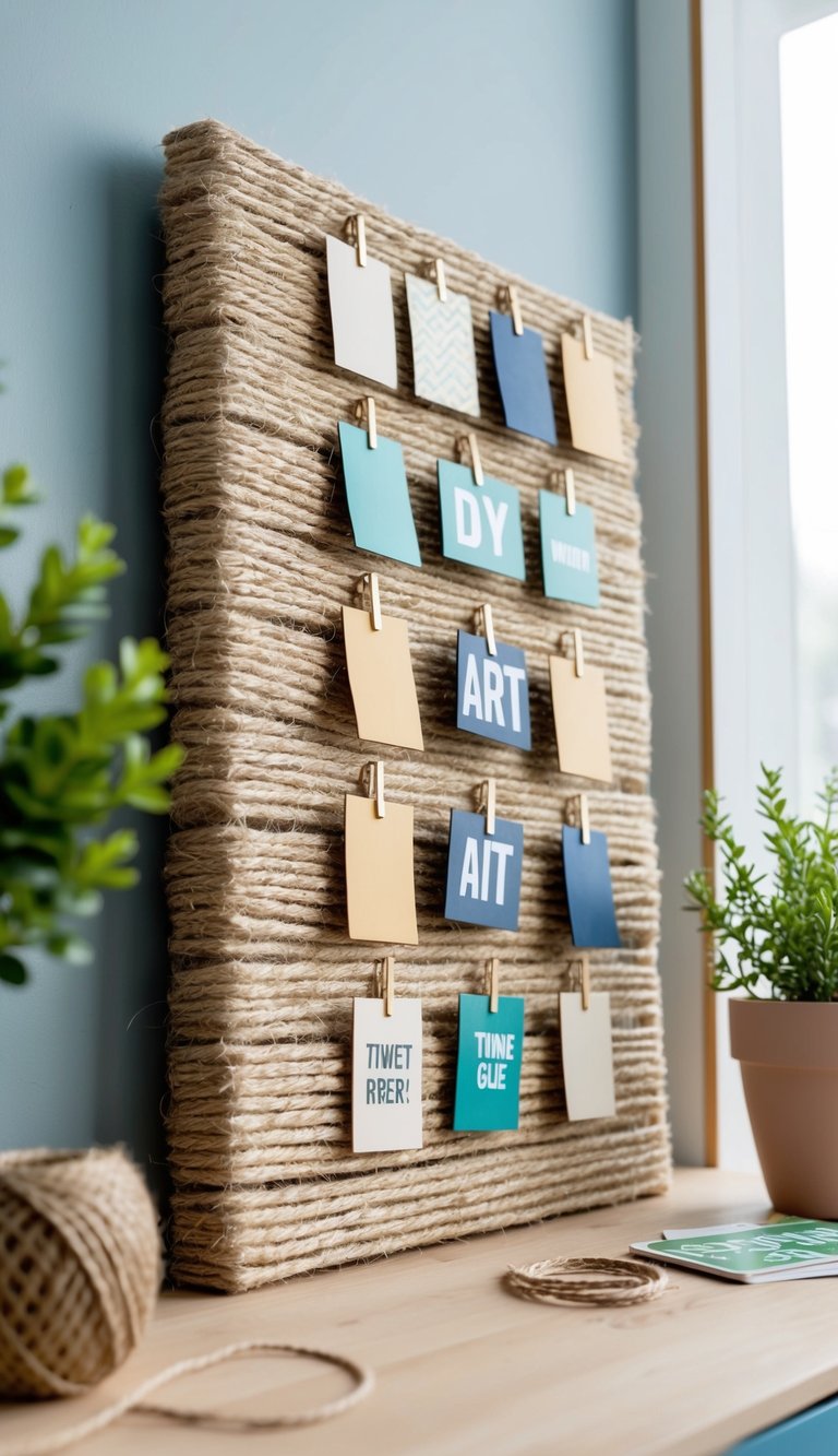 Twine and glue form a 3D canvas, adorned with 17 budget-friendly living room wall art ideas in a DIY home decor setting