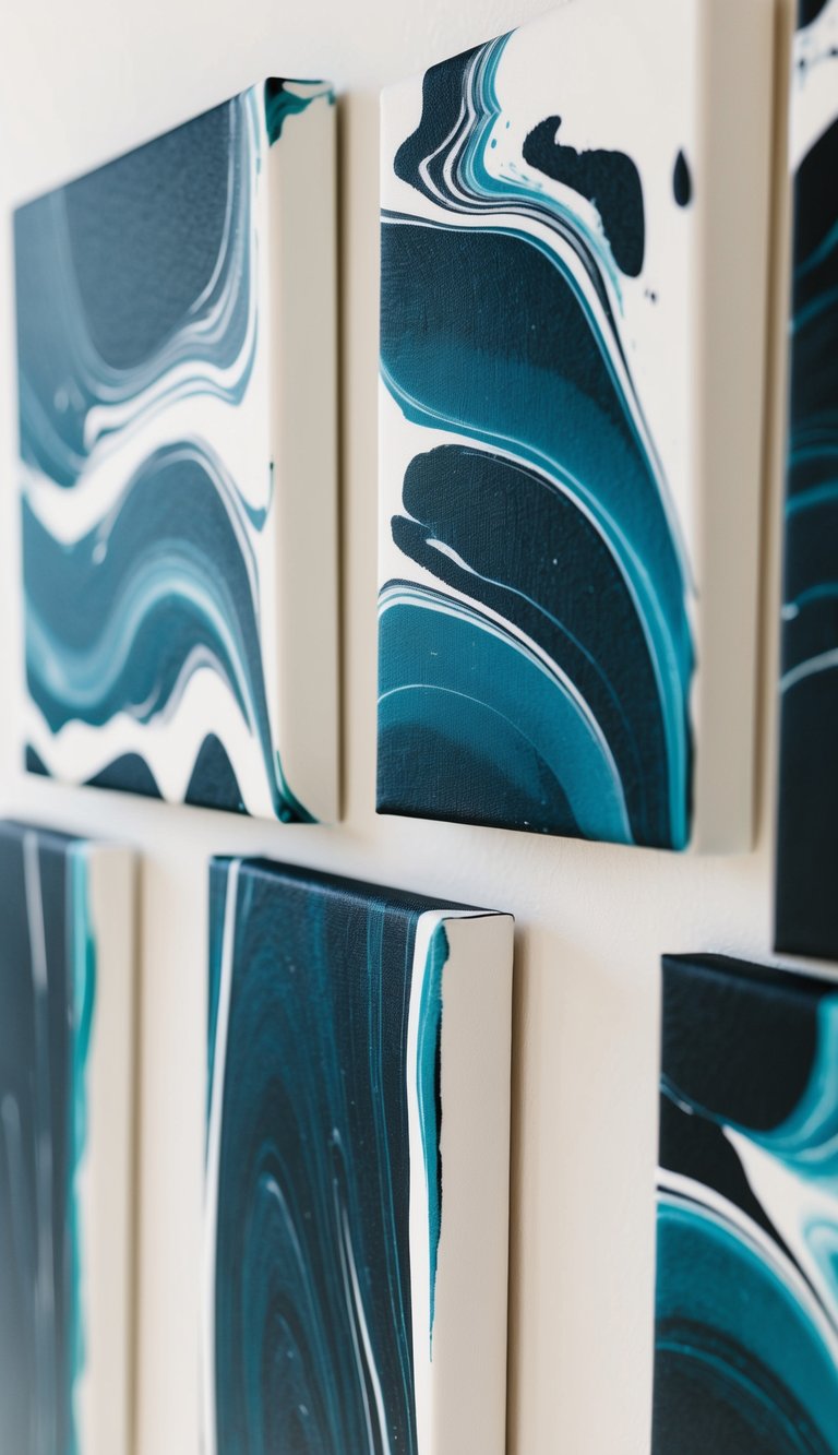 Bleach and black paint create a marbled effect on canvases for budget-friendly DIY wall art