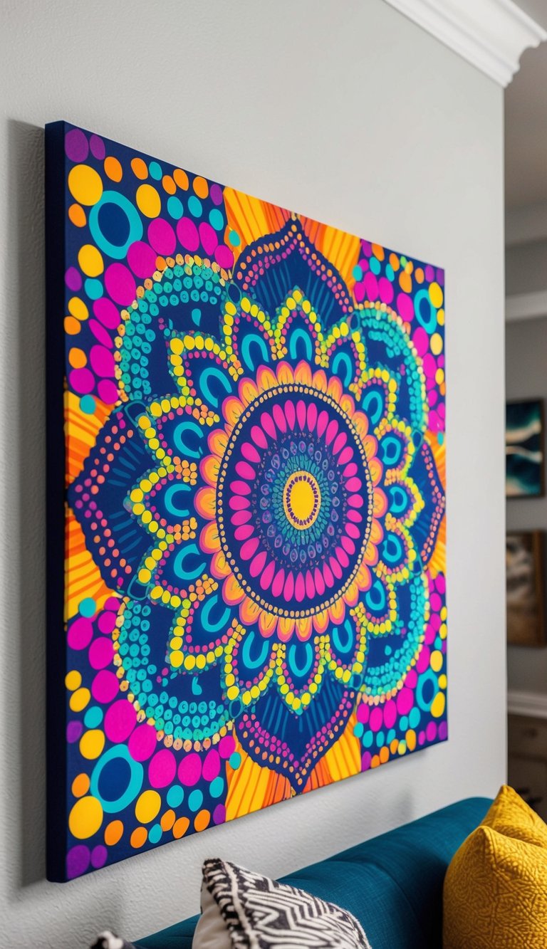 A dot mandala canvas with vibrant acrylic colors, creating a mesmerizing pattern, hanging on a living room wall as budget-friendly home decor