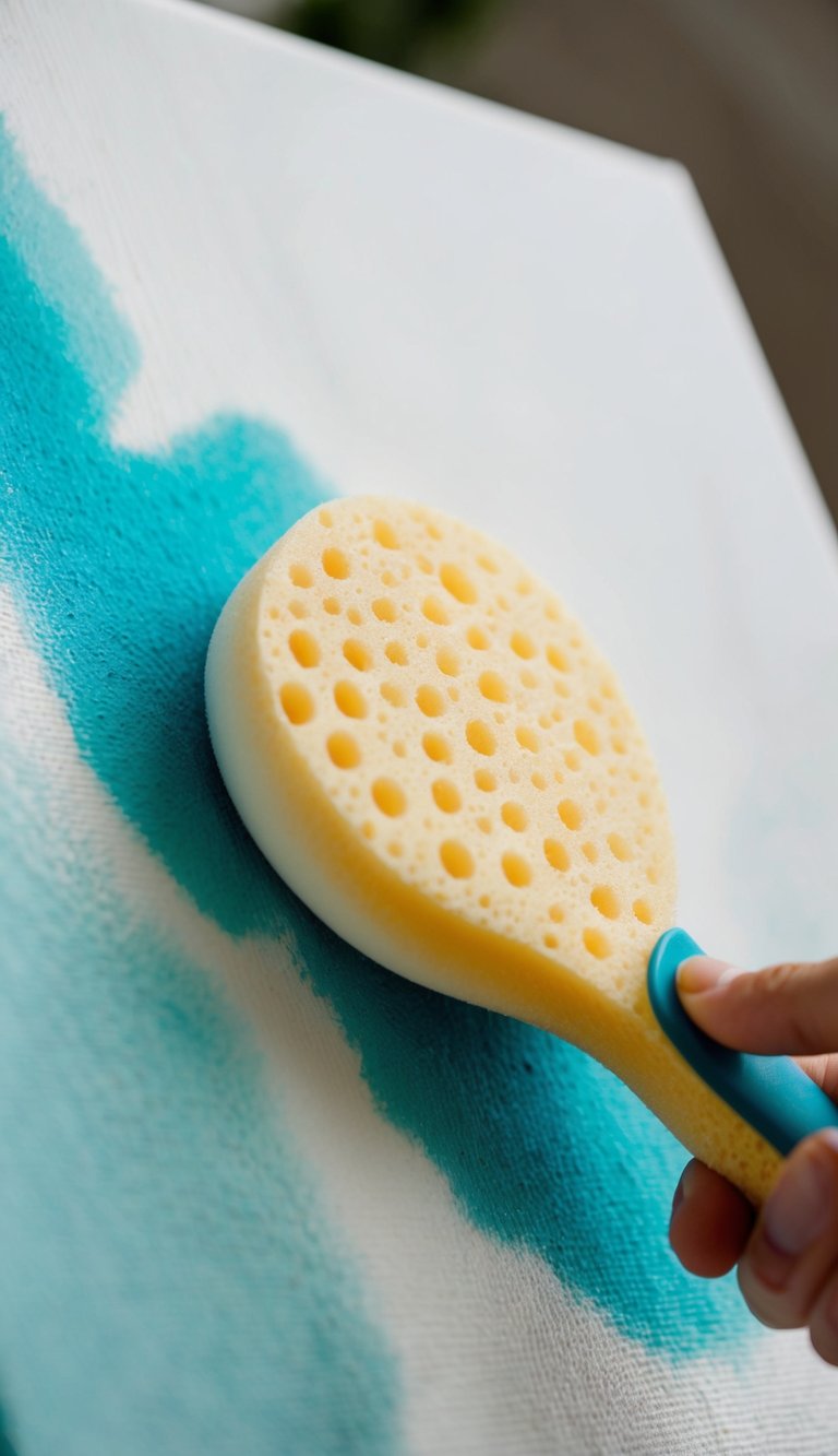 A sponge creates a textured ombre effect on a canvas, part of a DIY home decor project for a budget-friendly living room