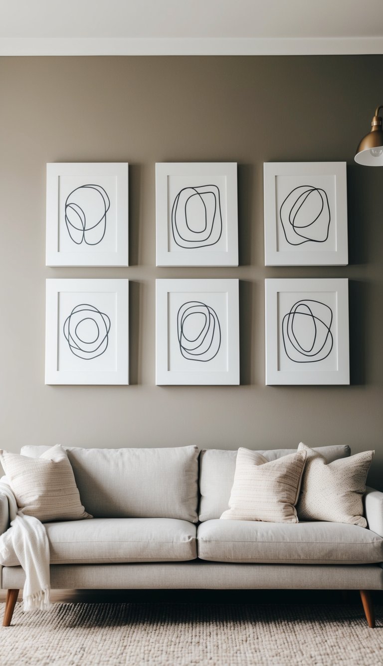 A cozy living room with a neutral color palette, featuring a gallery wall of minimalist line drawings on canvas