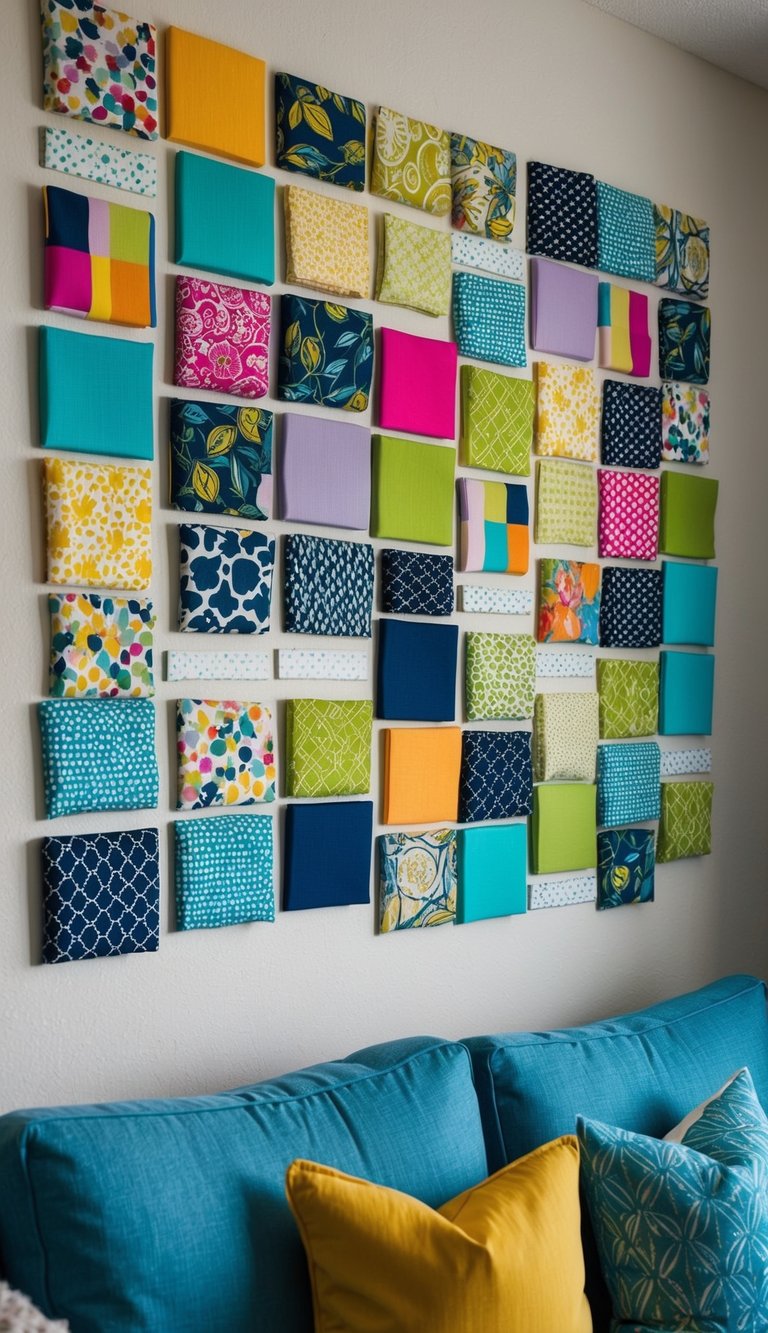 A colorful collage of fabric scraps and painted canvases adorns the living room wall, creating a unique and budget-friendly DIY home decor