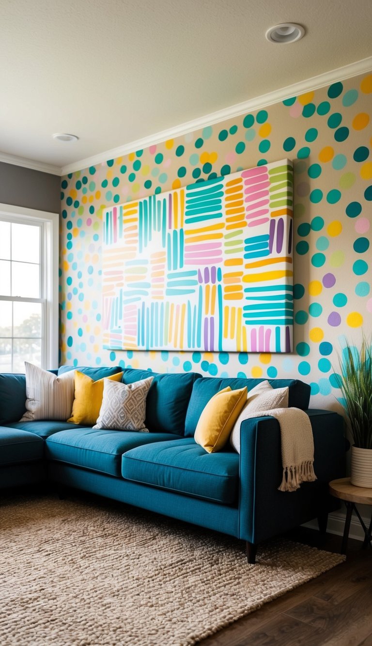 A cozy living room with a large canvas mural adorned with colorful paint pen designs, adding a budget-friendly and creative touch to the wall art