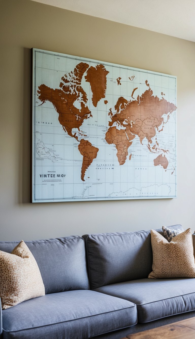 A vintage map outline stenciled on a living room wall canvas