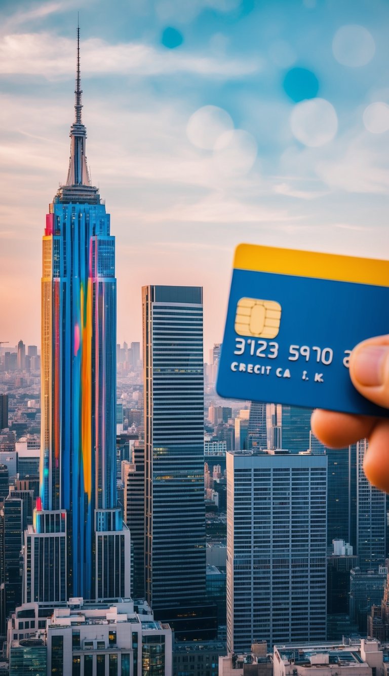 A city skyline created with bold, sweeping lines and vibrant colors, using a credit card to apply paint in an abstract and modern style