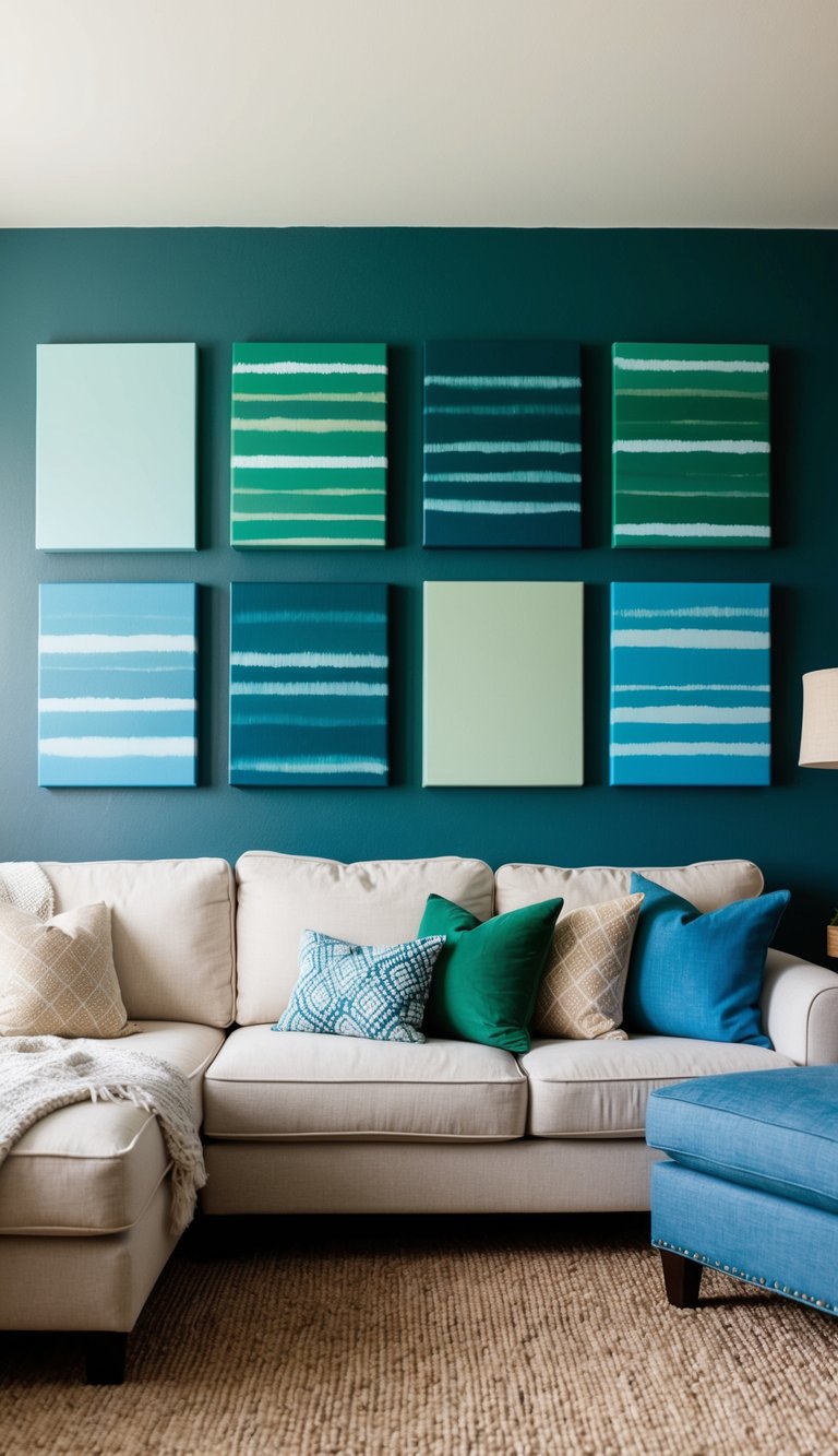 A cozy living room with DIY wall art canvases in various shades of blue, green, and beige, creating a calming and inviting atmosphere