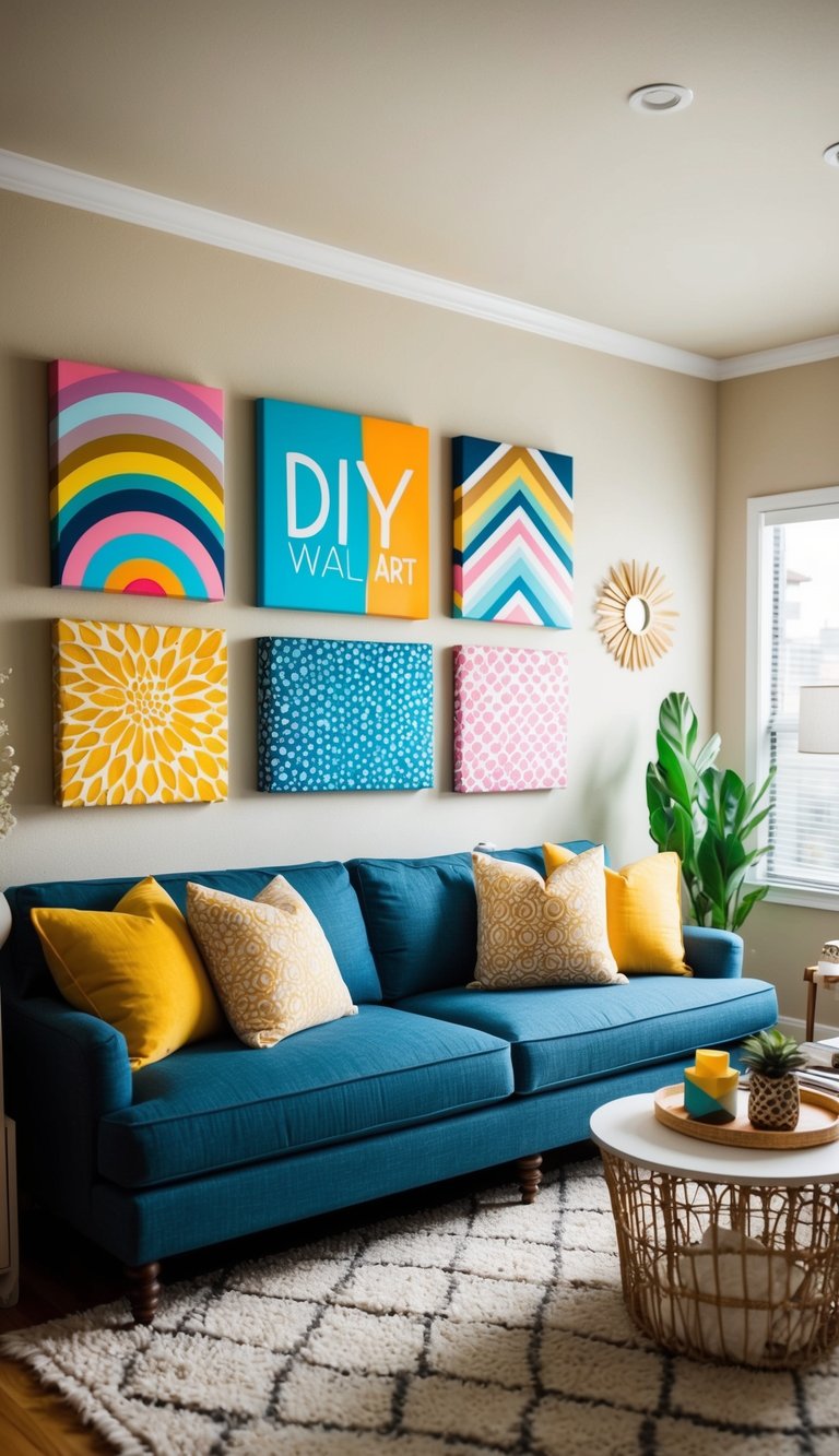A cozy living room with colorful DIY wall art canvases on display, adding a touch of creativity and personality to the space