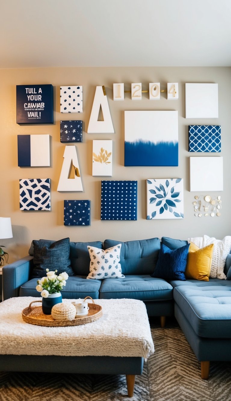 A cozy living room with various DIY canvas wall art pieces in different sizes and styles, creating a budget-friendly and personalized decor