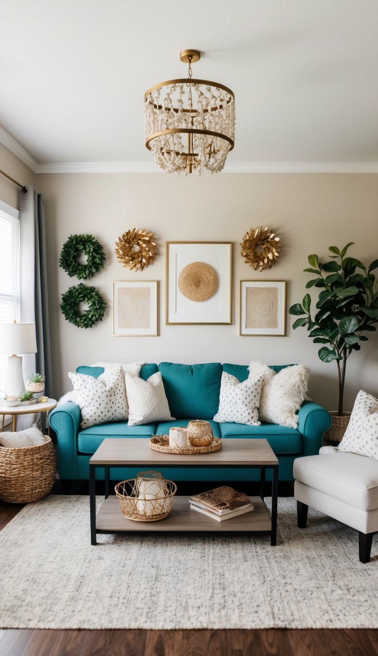 A cozy living room with budget-friendly decor from dollar stores, including throw pillows, wall art, and decorative accents
