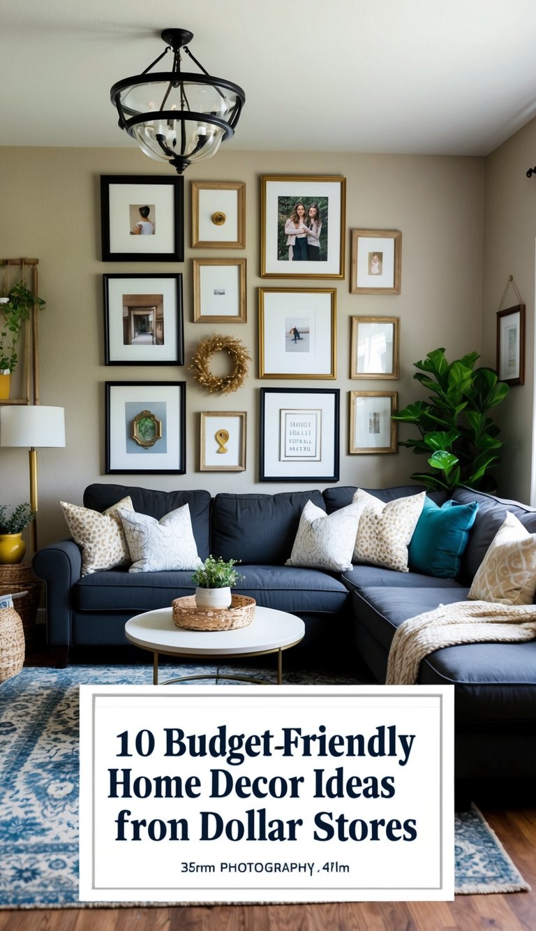 A cozy living room with thrift store frames adorning the walls, showcasing 10 budget-friendly home decor ideas from dollar stores