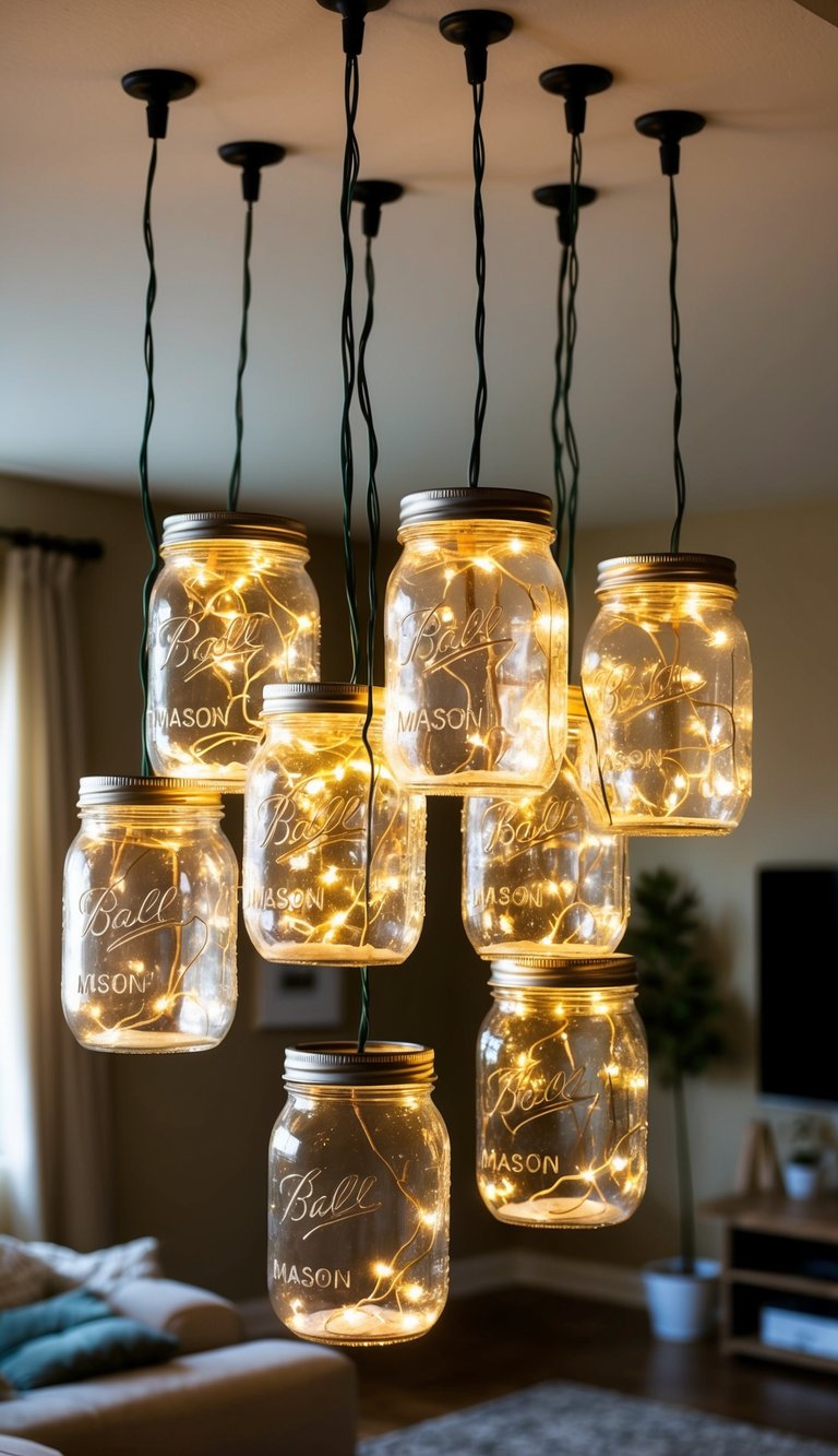 Mason jars filled with fairy lights hang from the ceiling, casting a warm and cozy glow in the budget-friendly living room