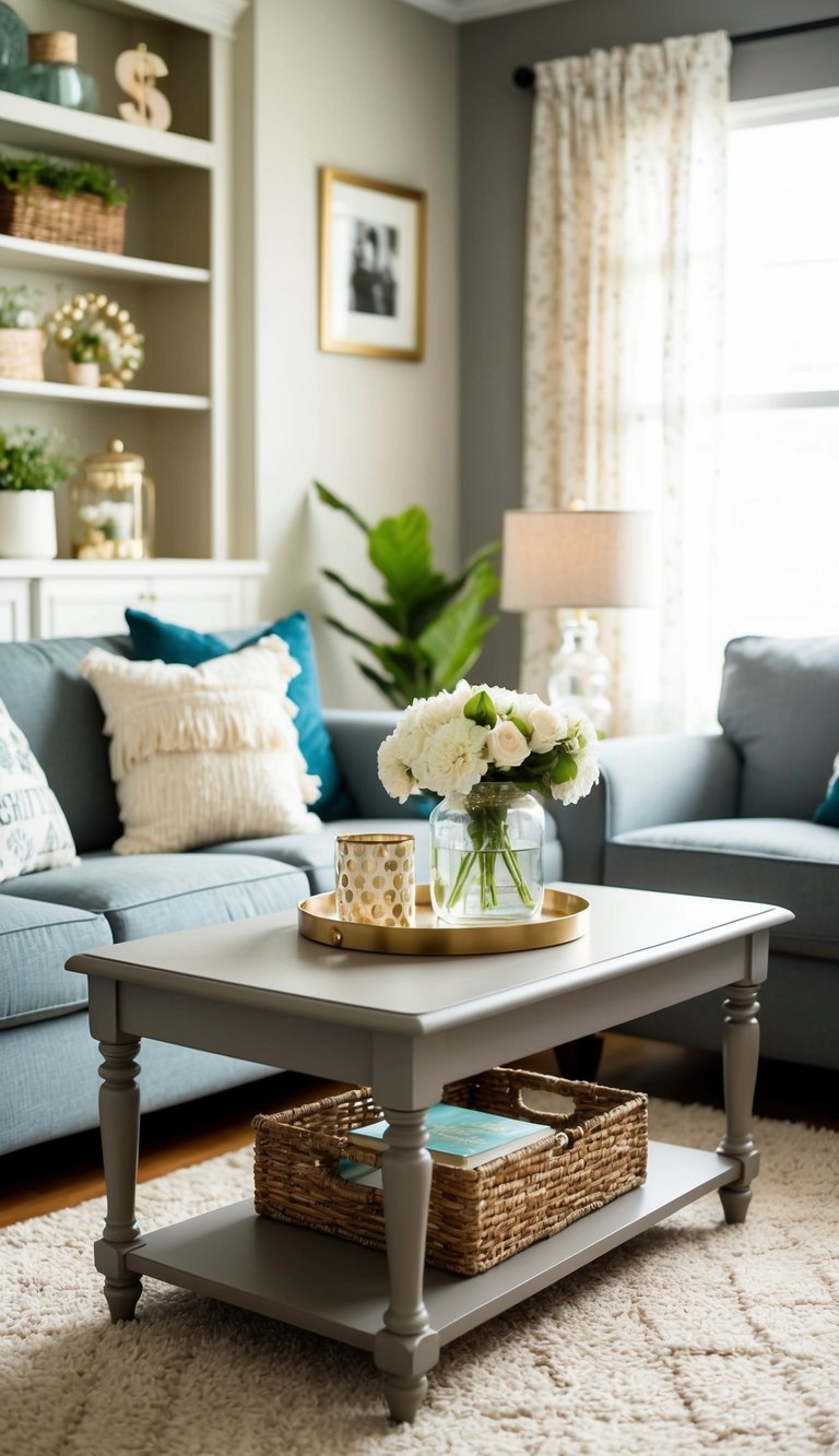 A cozy living room with a secondhand coffee table, adorned with budget-friendly decor from dollar stores