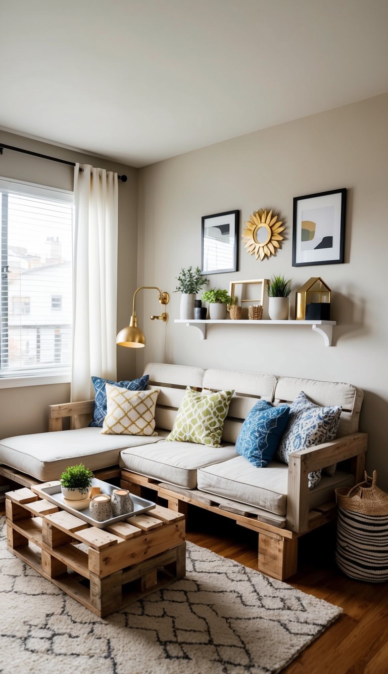 A cozy living room with a DIY pallet sofa, adorned with budget-friendly decor from dollar stores, creating a stylish and affordable space for apartments