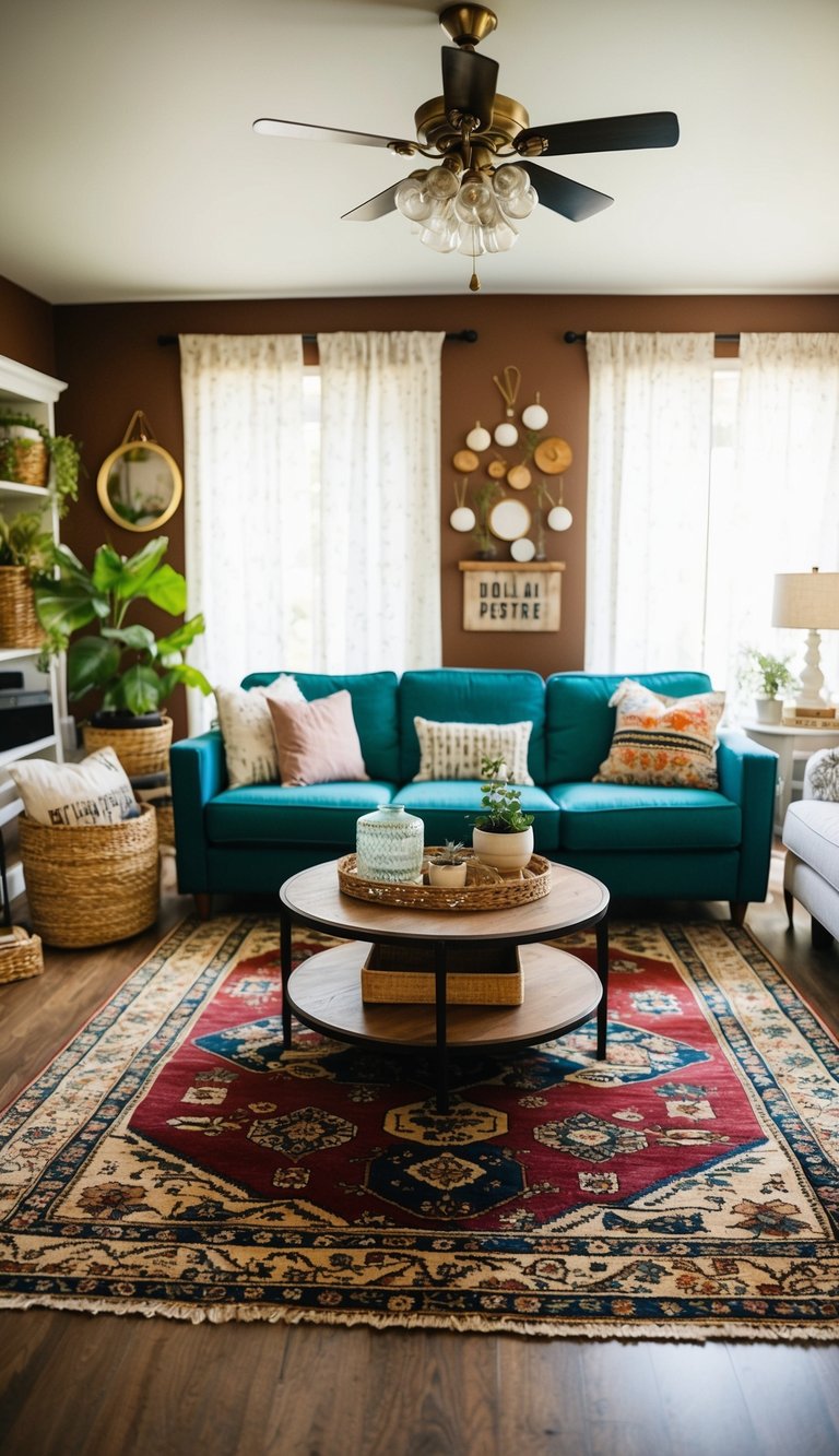 A cozy living room with a vintage rug, thrifted decor, and dollar store finds. Warm and inviting with unique, budget-friendly touches