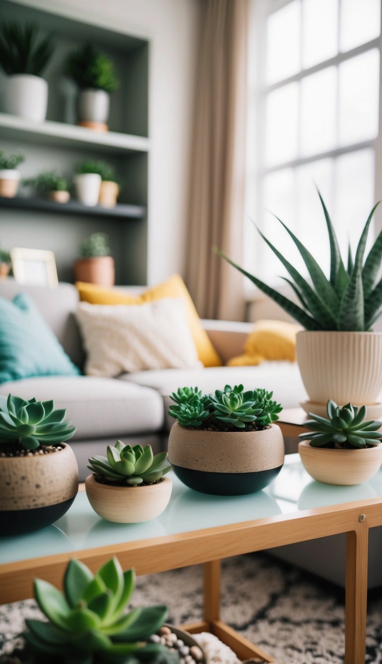 A cozy living room with inexpensive succulent plants from a dollar store, placed on shelves and tables as part of budget-friendly home decor