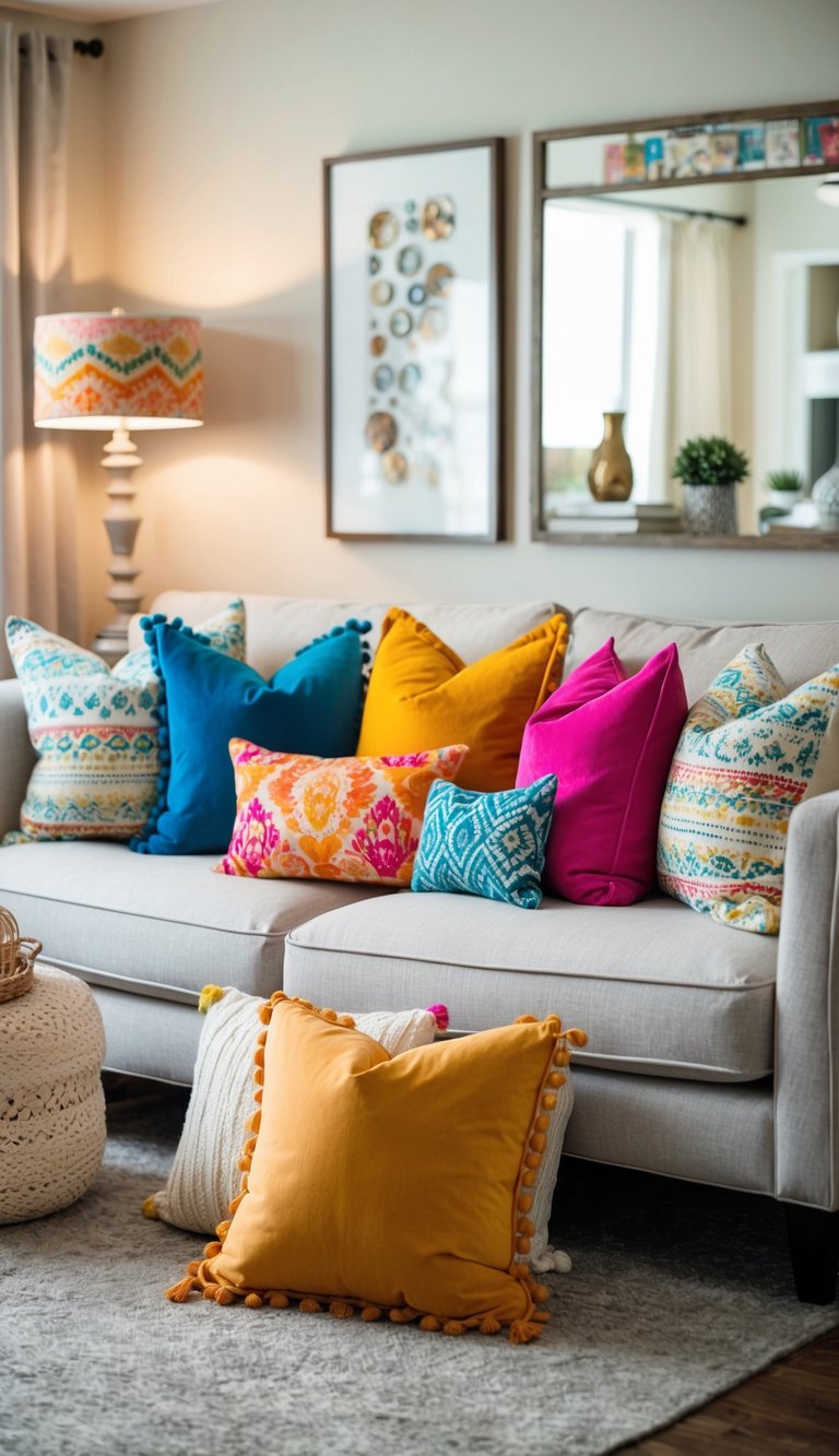 Vibrant throw pillows arranged on a neutral-colored sofa in a cozy living room, surrounded by budget-friendly decor items from dollar stores