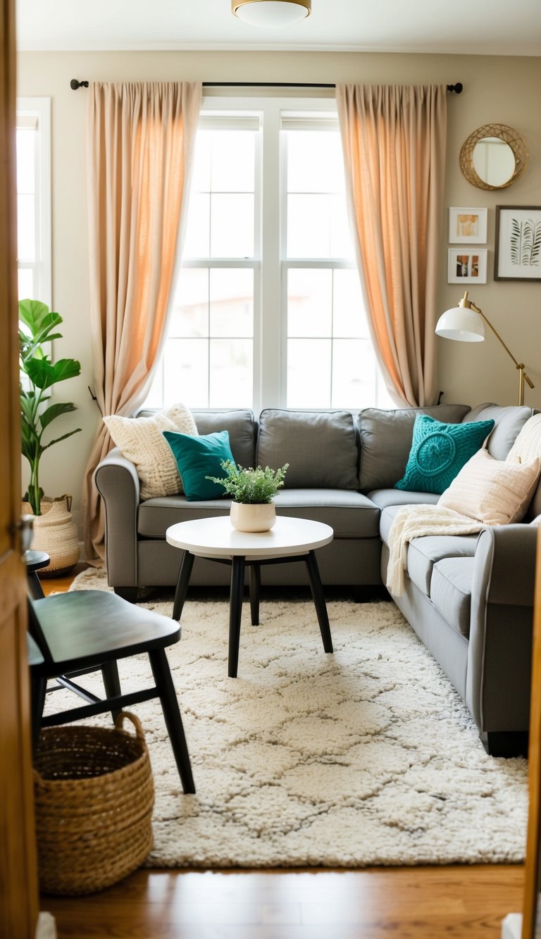 A cozy living room with budget-friendly curtains, simple furniture, and dollar store decor