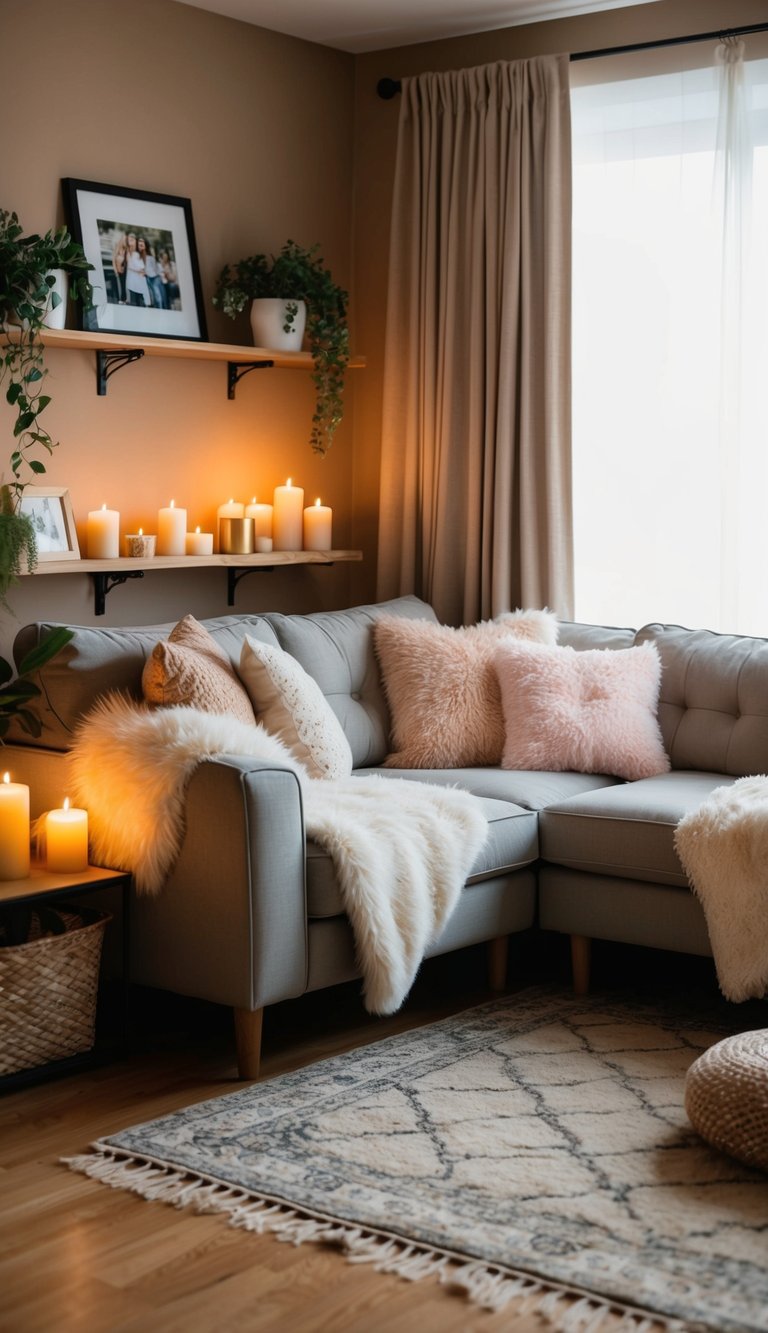 A cozy living room with warm lighting, fluffy pillows, and soft blankets. A shelf with candles, plants, and framed photos. A rug and curtains from a dollar store