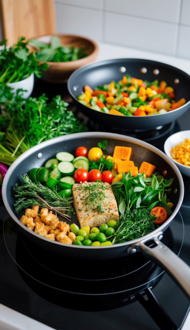 A colorful array of fresh vegetables, herbs, and protein sizzling in a single pan on a stovetop