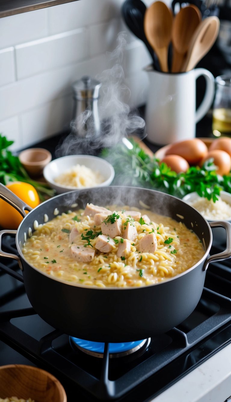 A steaming pot of creamy Chicken Alfredo Risotto simmers on a stovetop, surrounded by various fresh ingredients and utensils