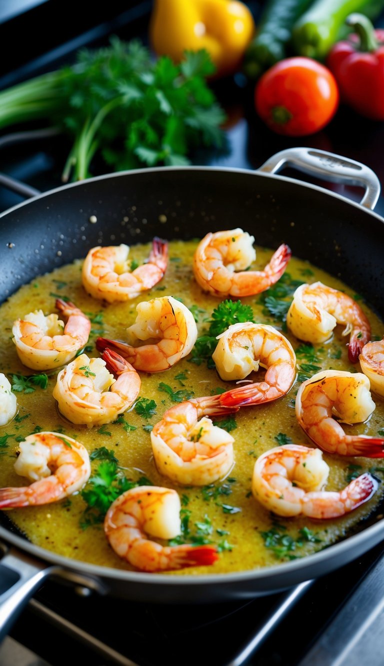 A sizzling skillet with garlic butter shrimp, surrounded by colorful vegetables and herbs, on a kitchen stovetop