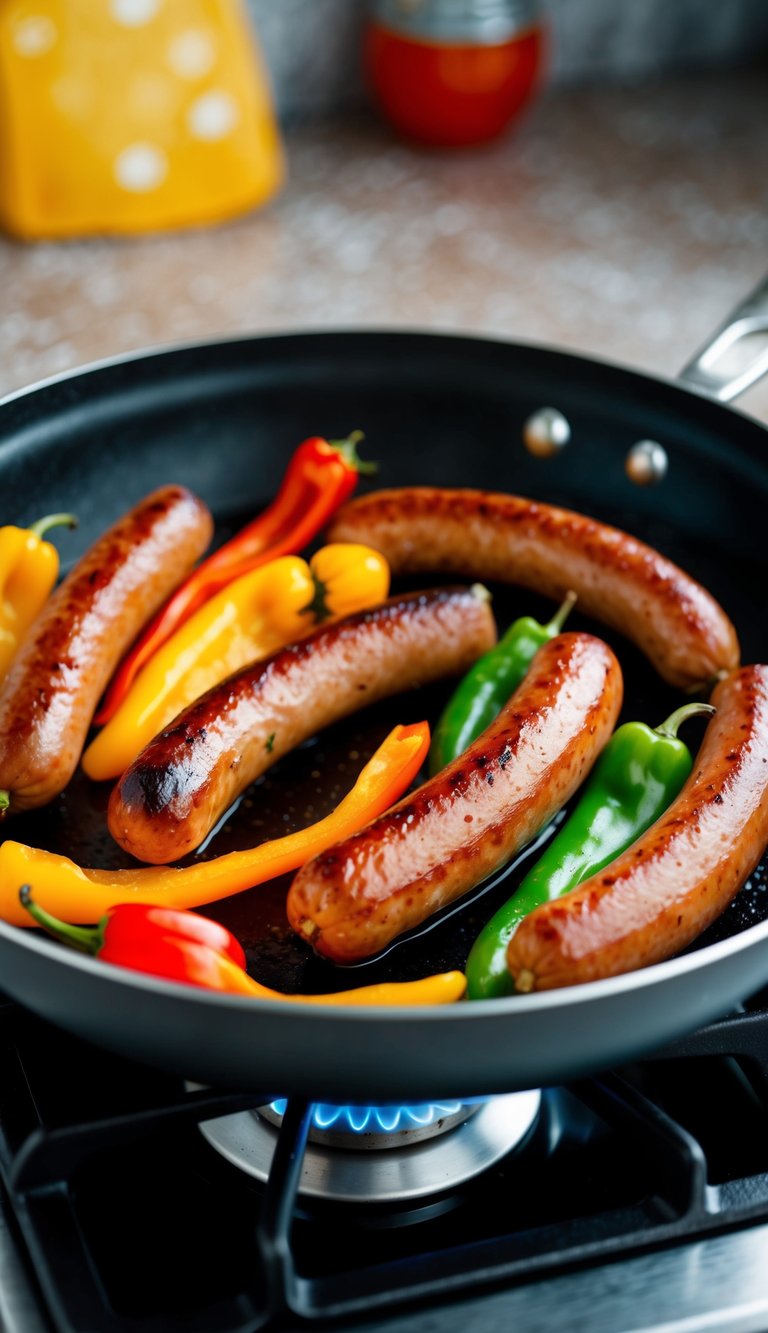 Sizzling sausages and colorful peppers cooking together in a single pan over a hot stove
