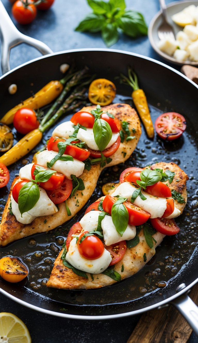A sizzling pan with juicy chicken breasts stuffed with mozzarella, tomatoes, and basil, surrounded by colorful roasted vegetables