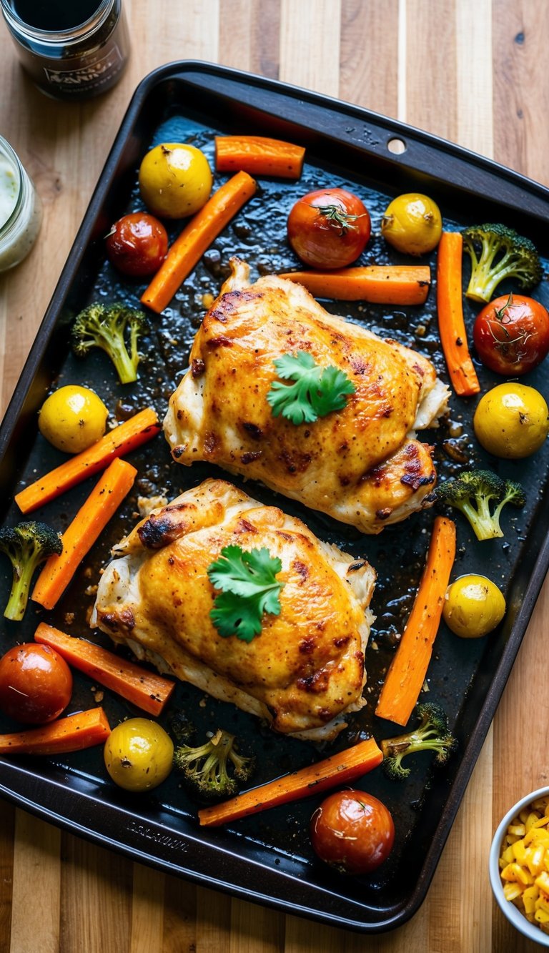 A sizzling BBQ ranch chicken bake surrounded by colorful roasted vegetables on a single sheet pan
