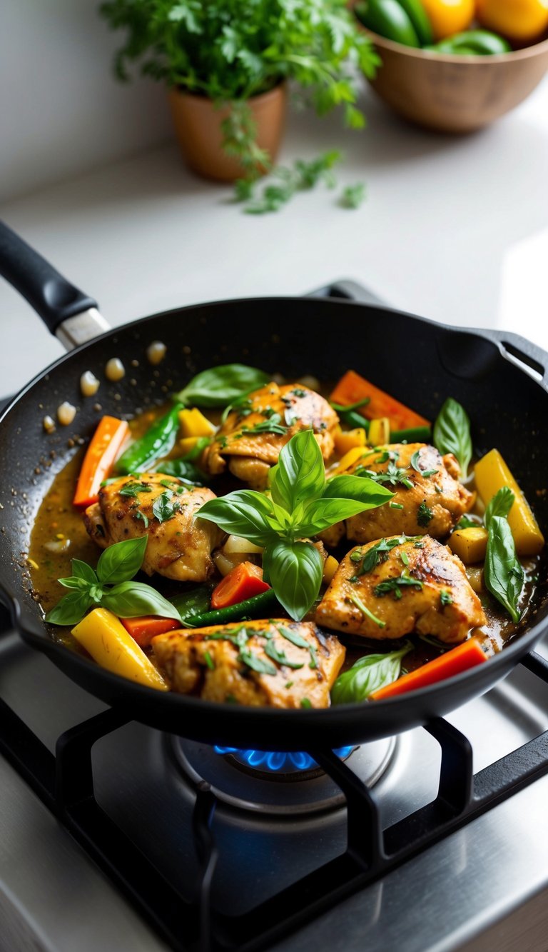 A sizzling skillet with Thai basil chicken, colorful vegetables, and aromatic herbs cooking over a gas stove