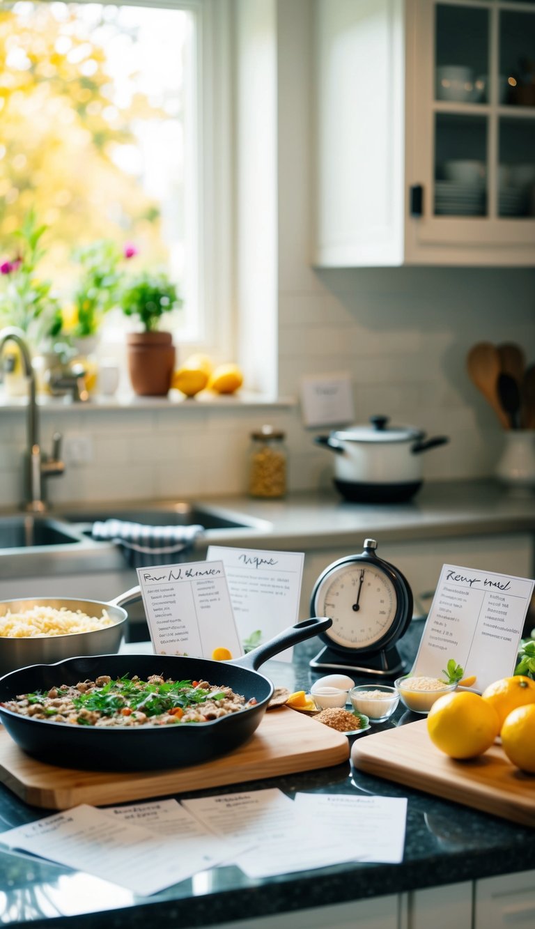A kitchen counter with various ingredients and a skillet, surrounded by recipe cards and a timer