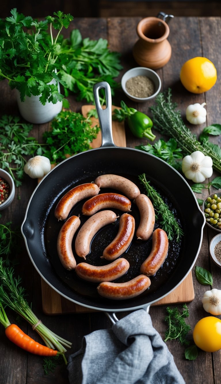 A rustic kitchen with a sizzling skillet of assorted sausages, surrounded by fresh herbs, vegetables, and spices