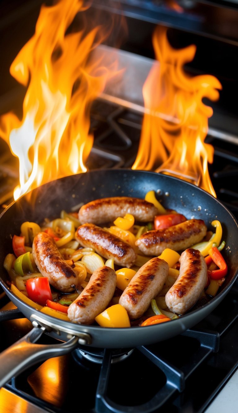 A sizzling skillet with Italian sausages, bell peppers, and onions cooking together over a stovetop flame