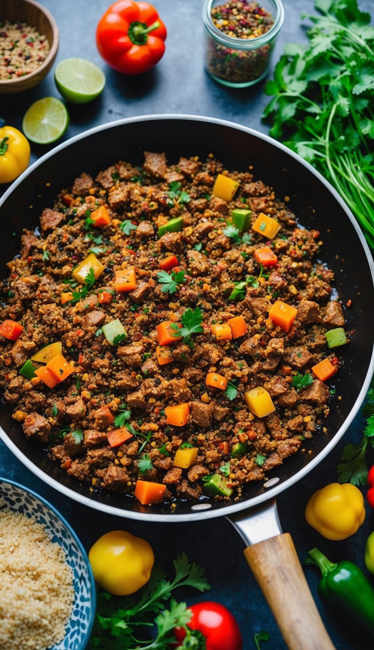 A sizzling skillet with ground beef, quinoa, and Mexican spices, surrounded by colorful vegetables and herbs