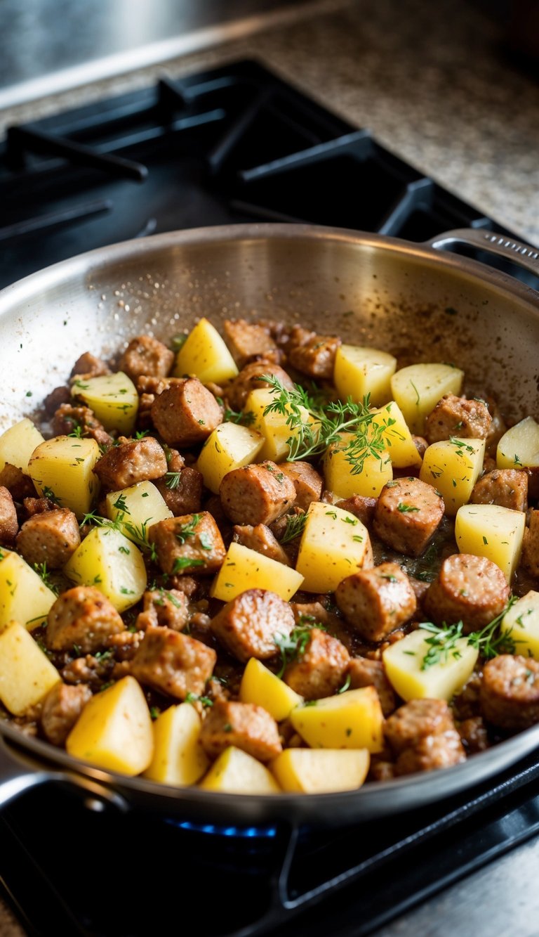 A sizzling skillet filled with chunks of sausage, potatoes, and savory herbs cooking over a hot stove