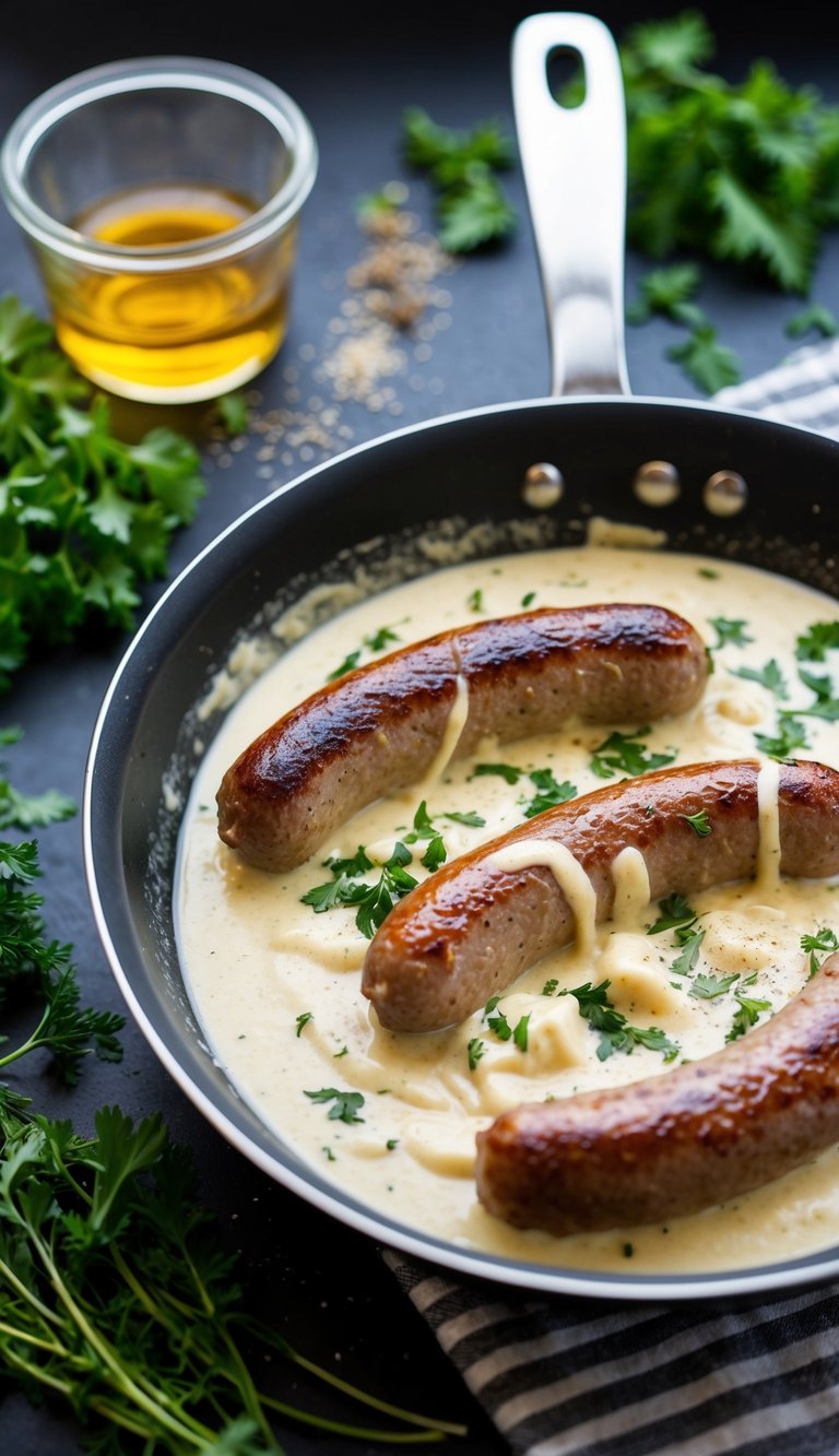 A sizzling sausage and creamy Alfredo sauce simmer in a pan, surrounded by fresh herbs and spices