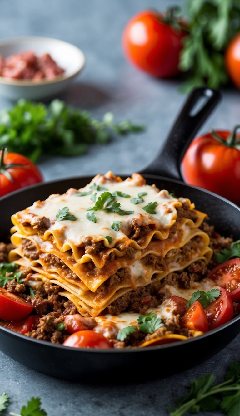 A sizzling skillet with layers of lasagna noodles, ground beef, and melted cheese, surrounded by fresh herbs and tomatoes
