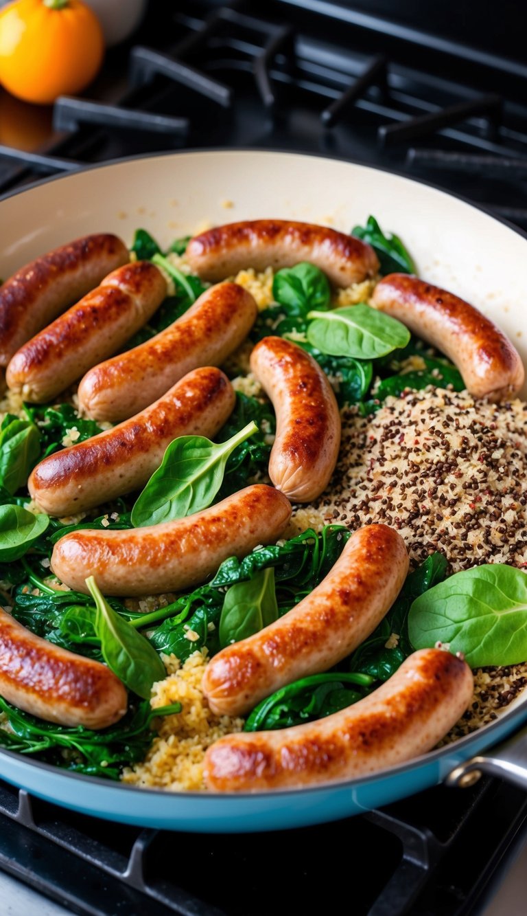 A colorful array of sausages, spinach, and quinoa sizzling in a pan on a stovetop